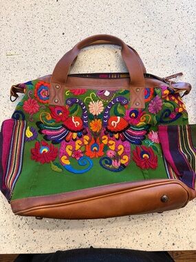 Nena & Co. Green Embroidered Floral Tote with Brown Trim